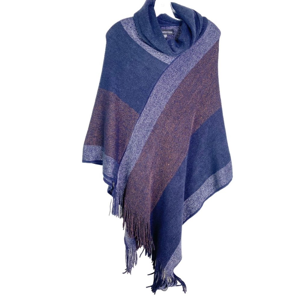 CG Couture Gems One Size 100% Acrylic Brown Blue Poncho Pullover Cape NWT